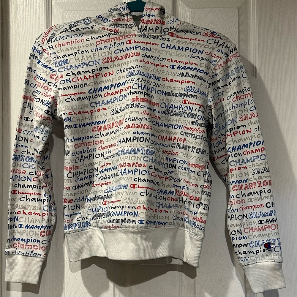 Champion Men's White Hoodie with Multicolor Logo Print
